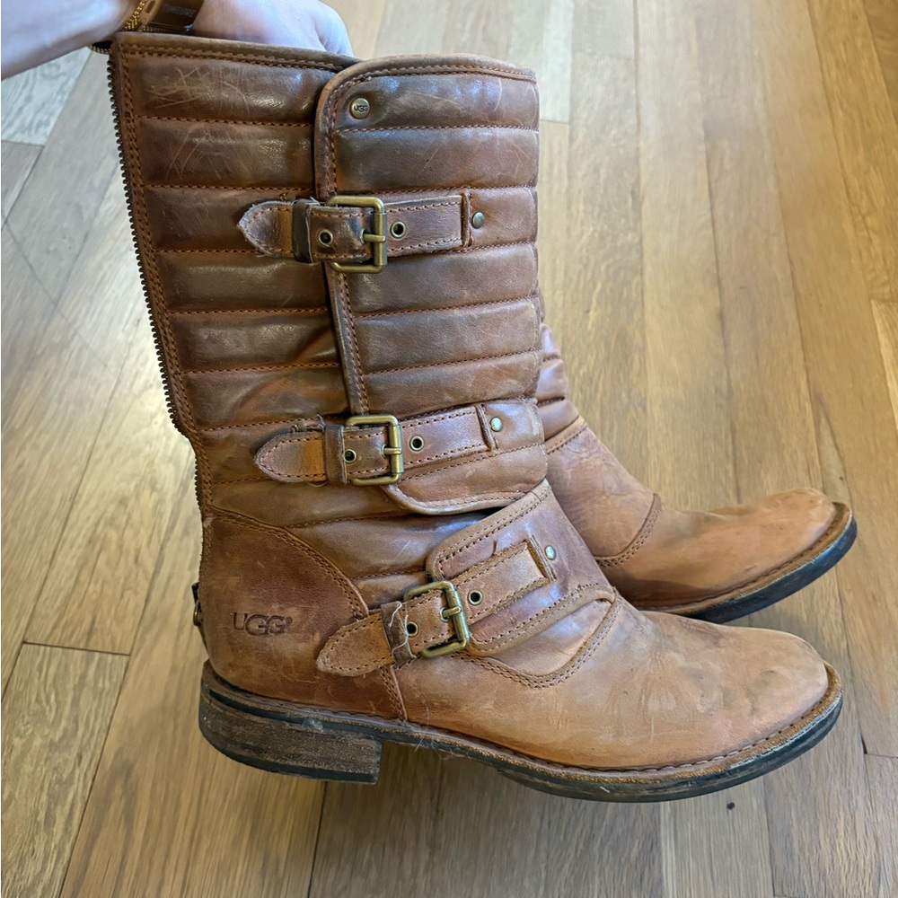 UGG Tatum leather moto biker boots in brown size 9